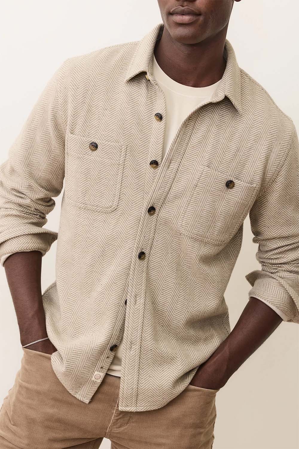 marine layer pacifica overshirt taupe herringbone front