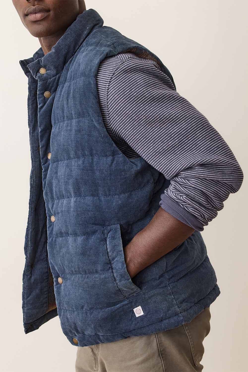 marine layer palisades cord puffer vest washed indigo side