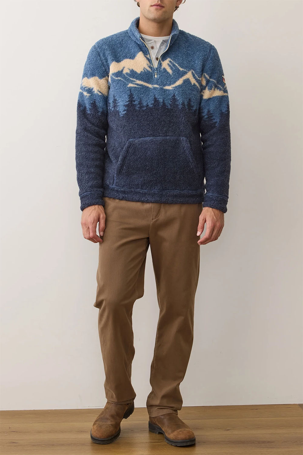 marine layer sierra sherpa pullover blue mountain scene