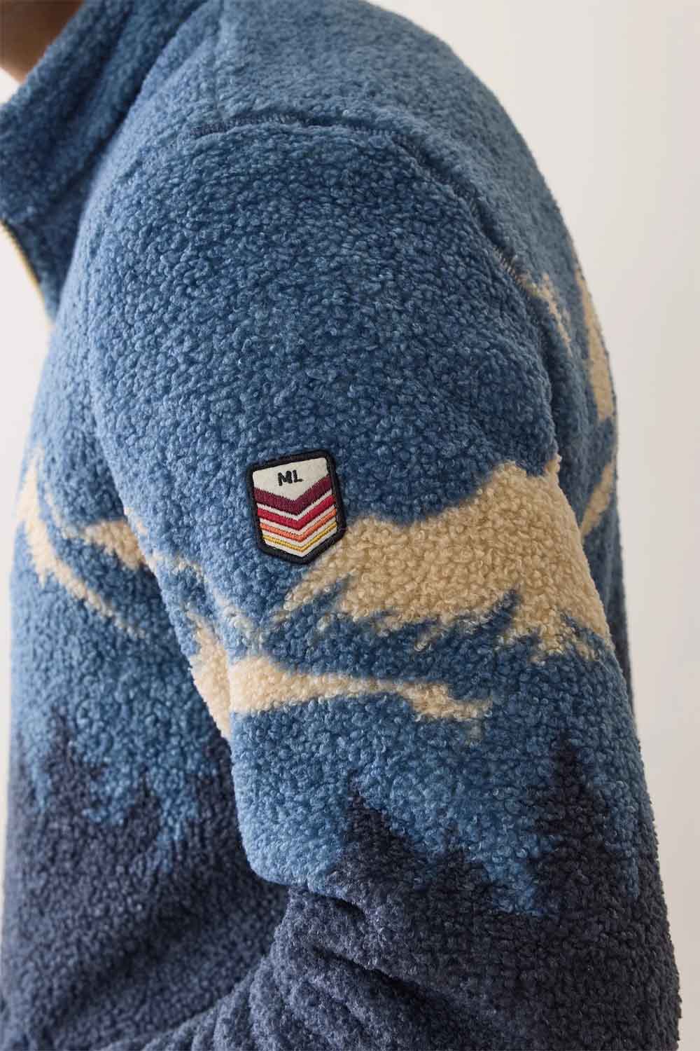 marine layer sierra sherpa pullover blue mountain scene detail