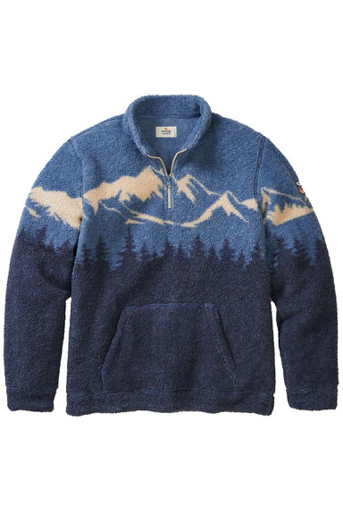 marine layer sierra sherpa pullover blue mountain scene flatlay