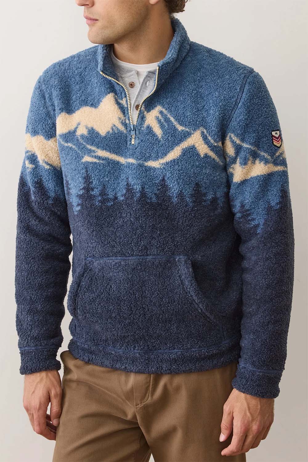 marine layer sierra sherpa pullover blue mountain scene front