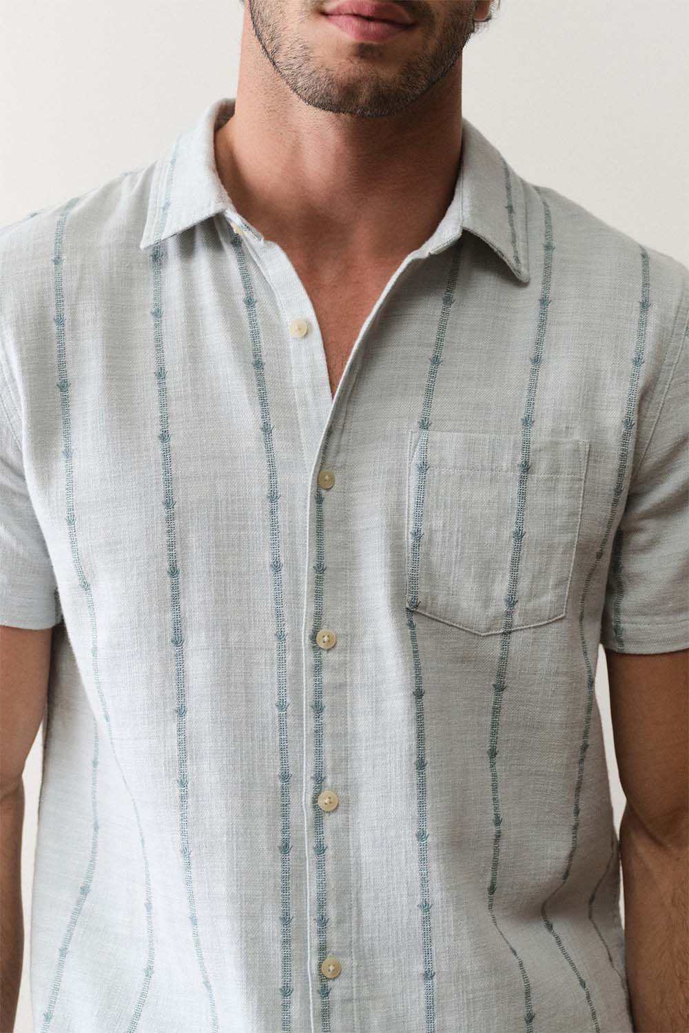 marine layer stretch selvage shirt blue embroidery detail