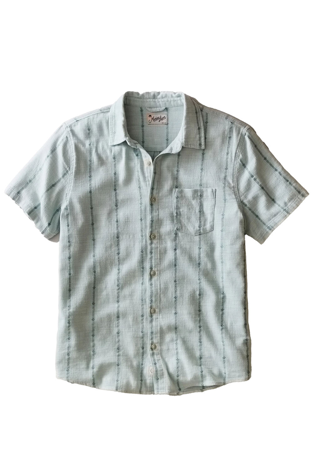 marine layer stretch selvage shirt blue embroidery flatlay