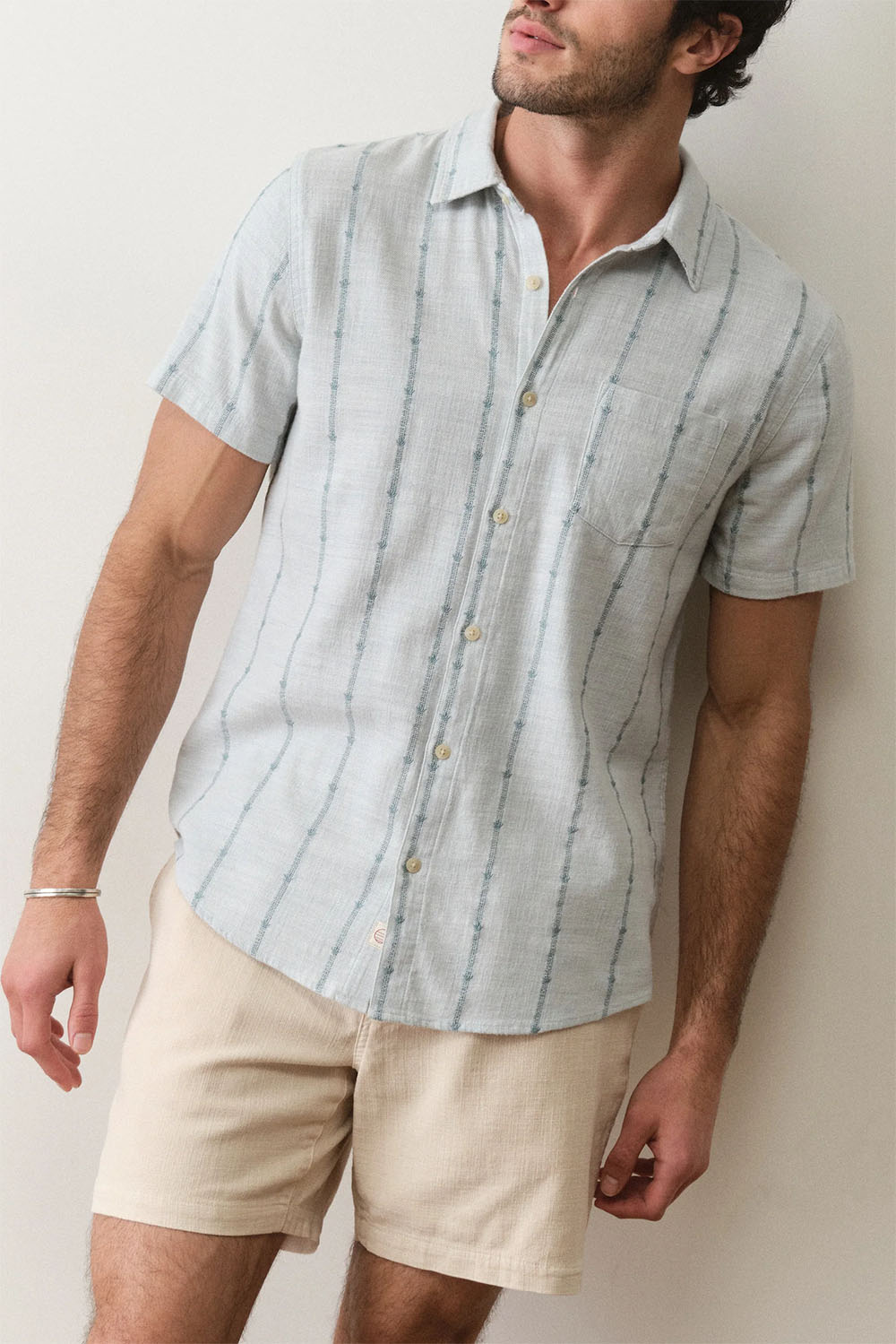 marine layer stretch selvage shirt blue embroidery front