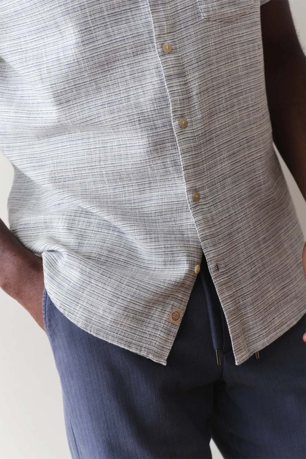 marine layer stretch selvage shirt blue mini stripe detail