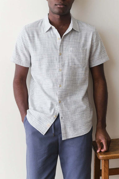 marine layer stretch selvage shirt blue mini stripe front