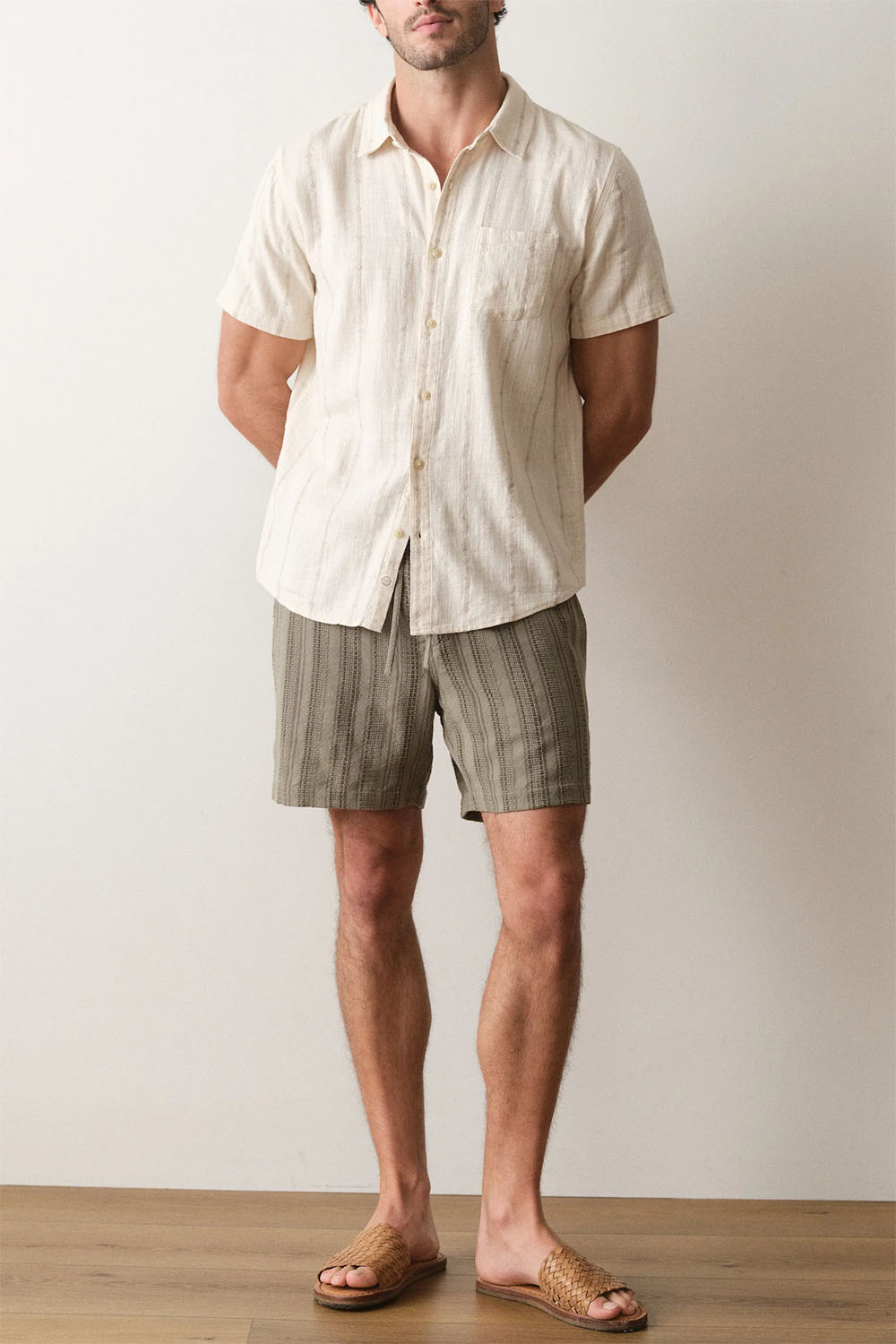 marine layer stretch selvage shirt cream embroidery