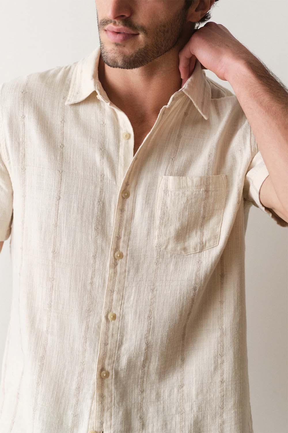marine layer stretch selvage shirt cream embroidery detail