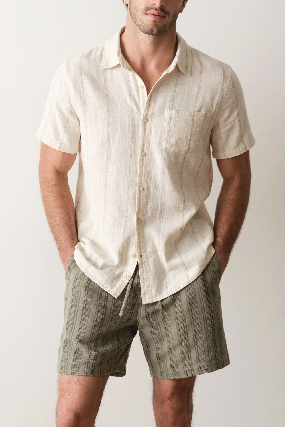 marine layer stretch selvage shirt cream embroidery front