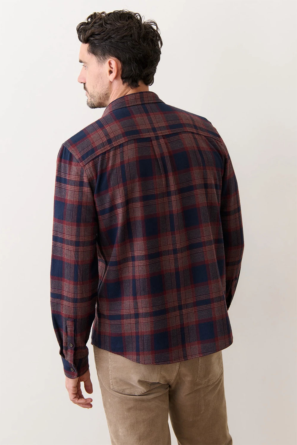 marine layer tahoe flannel shirt navy burgundy plaid back