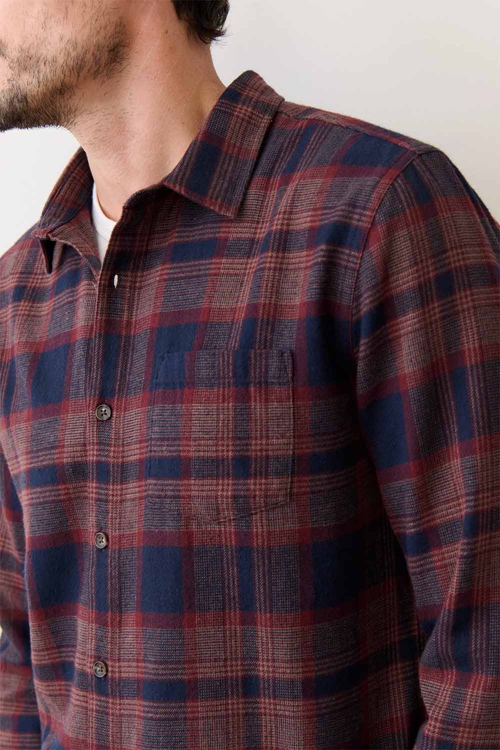 marine layer tahoe flannel shirt navy burgundy plaid detail