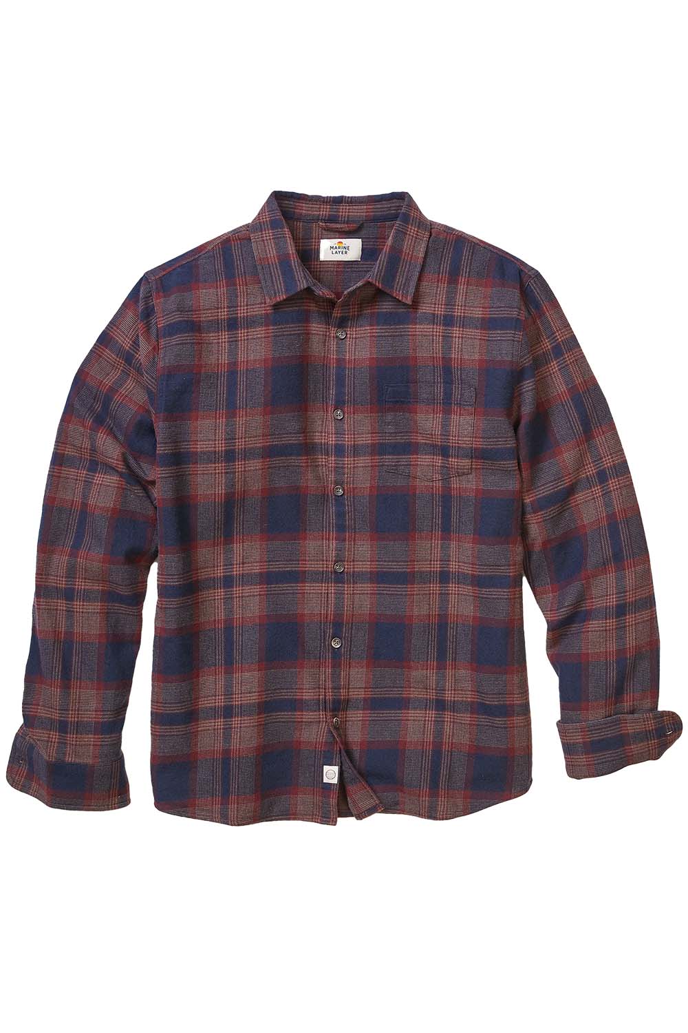 marine layer tahoe flannel shirt navy burgundy plaid flatlay