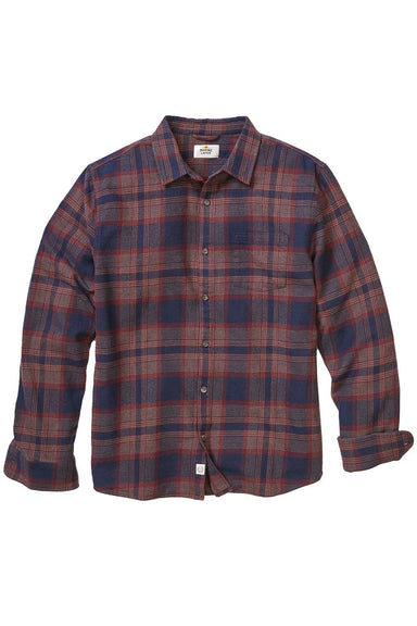 marine layer tahoe flannel shirt navy burgundy plaid flatlay
