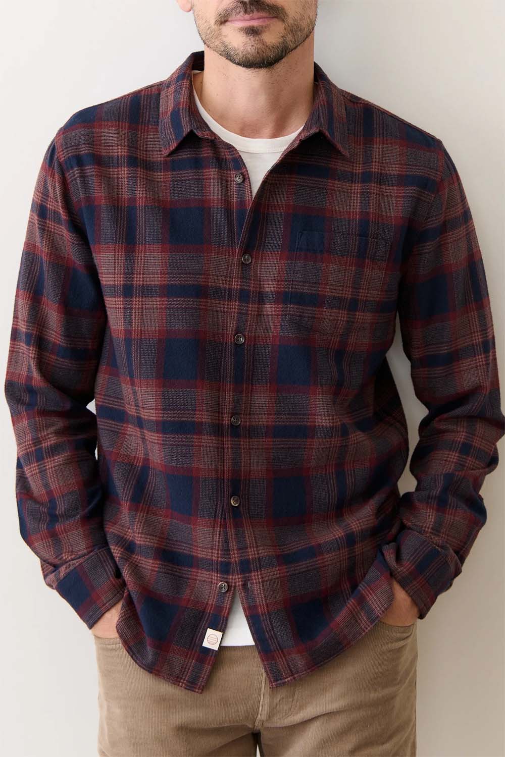 marine layer tahoe flannel shirt navy burgundy plaid front