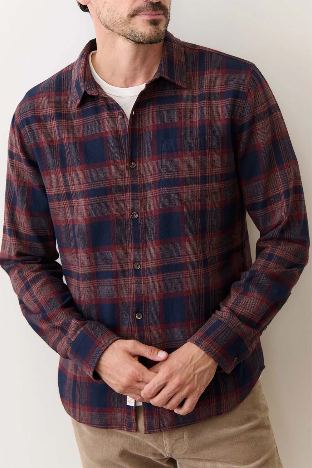 marine layer tahoe flannel shirt navy burgundy plaid profile