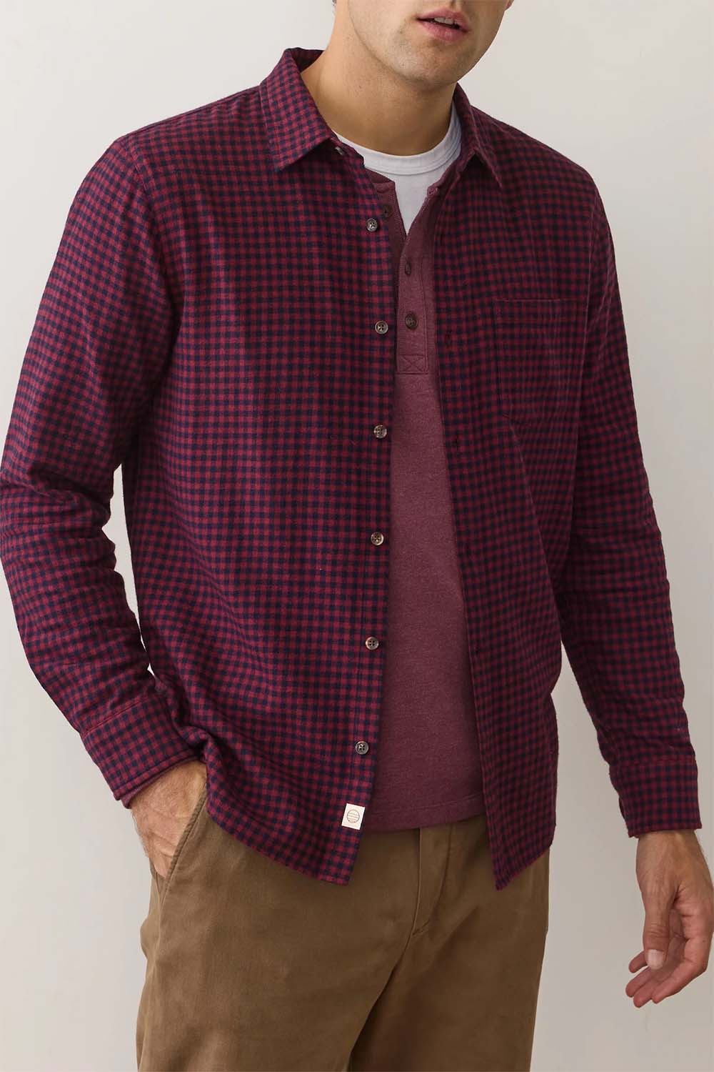 marine layer tahoe flannel shirt navy red gingham profile