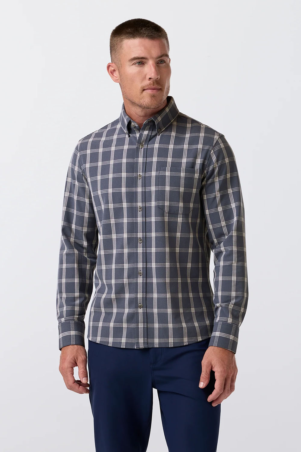 Mizzen + Main - City Flannel - Dark Slate Oliver Plaid - Model Front