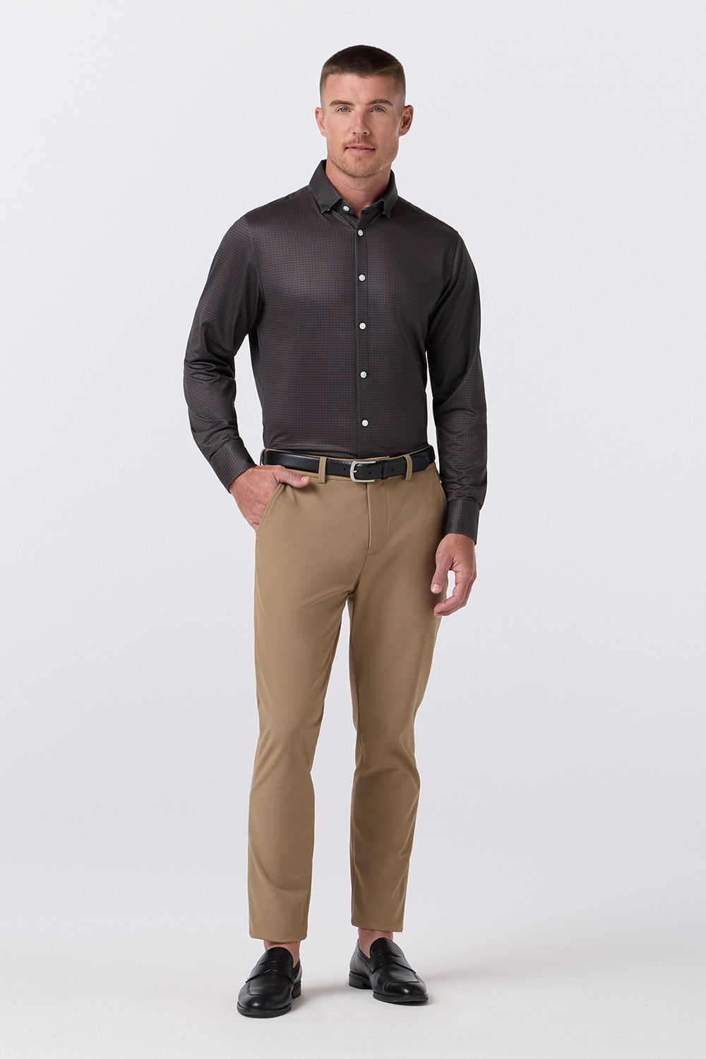 Mizzen + Main - Halyard Dress Shirt - Espresso Tonal Woven Tile - Model Full Body