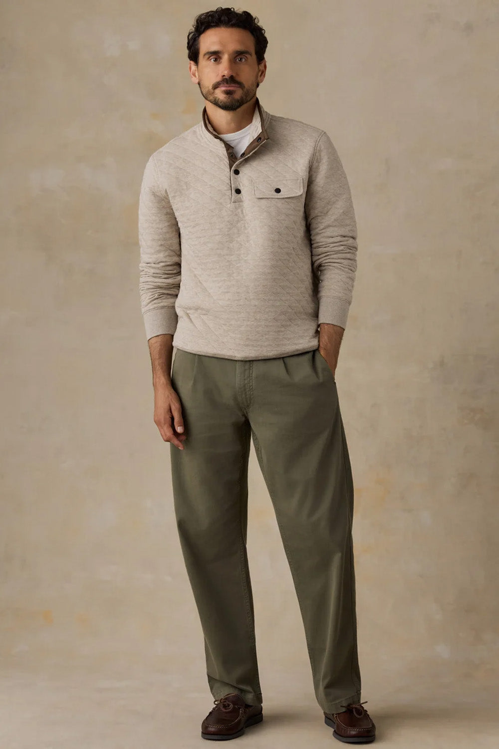 Faherty Epic Quilted Fleece Pullover in Oatmeal Melange — Lifestyle view
