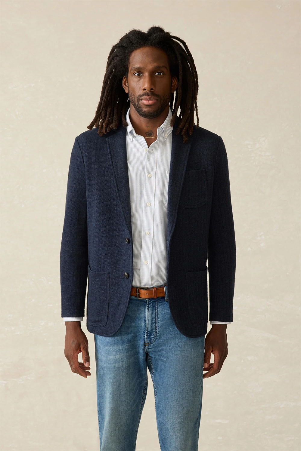 Faherty Inlet Herringbone Blazer in Navy Twilight — Front view
