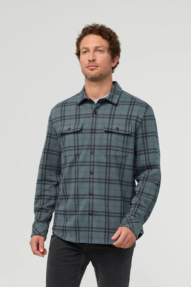 Duer Performance Flannel Overshirt in Marine Plaid — Front view
