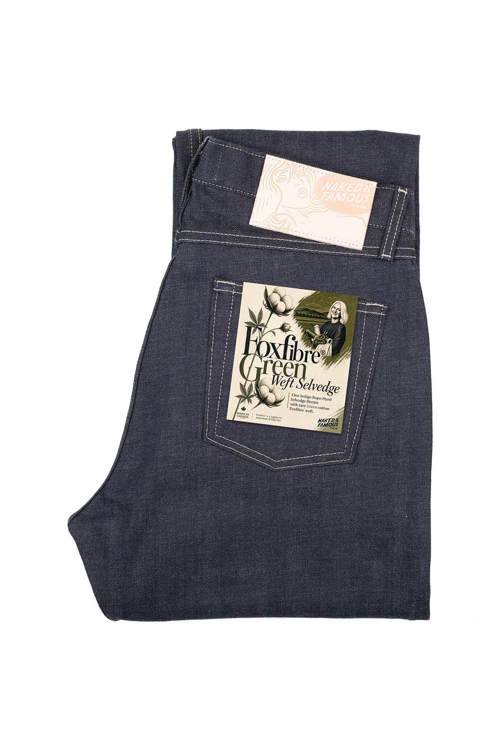 Naked & Famous' True Guy Denim in FoxFibre Green Weft - Flatlay View
