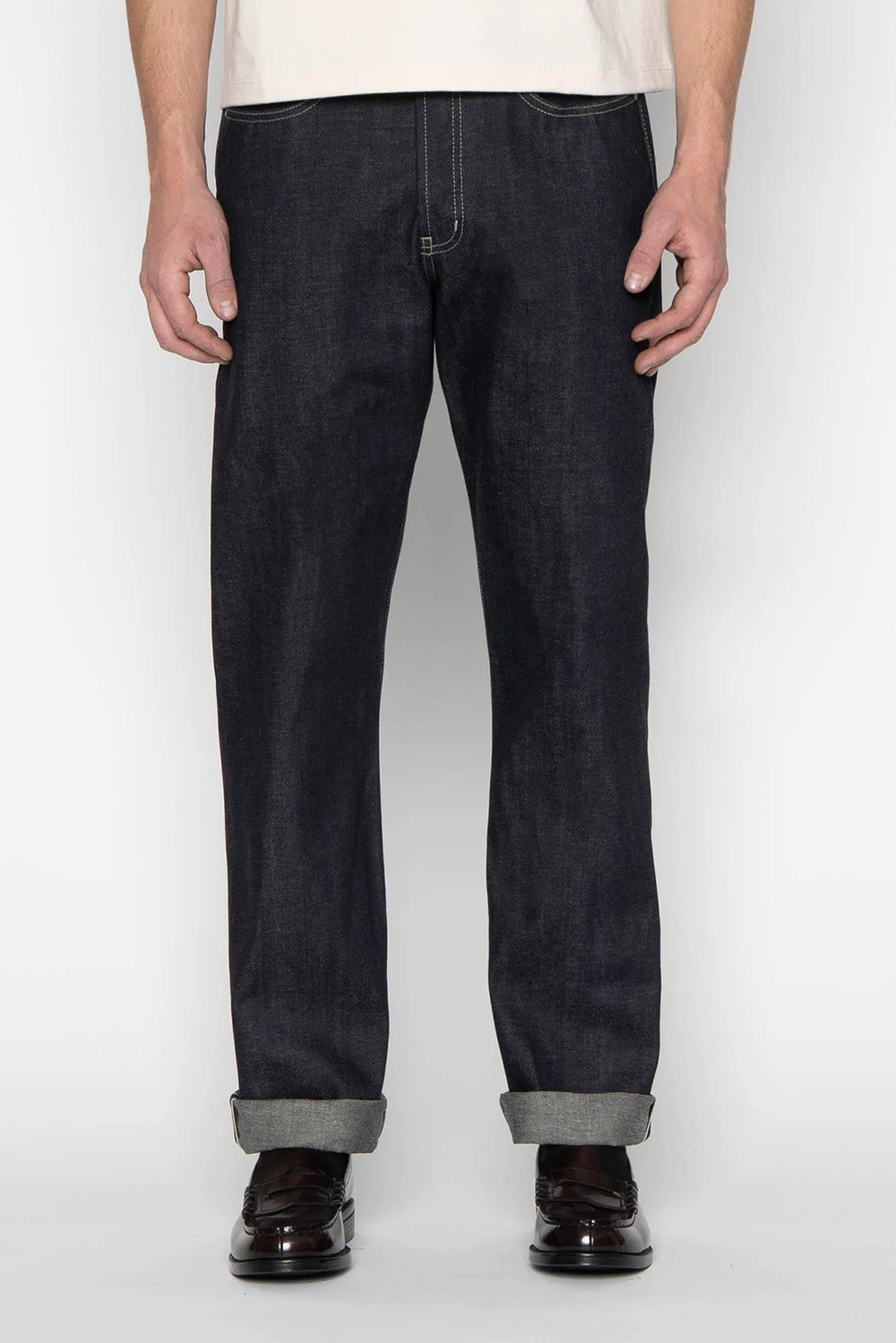 Naked & Famous' True Guy Denim in FoxFibre Green Weft - Front View