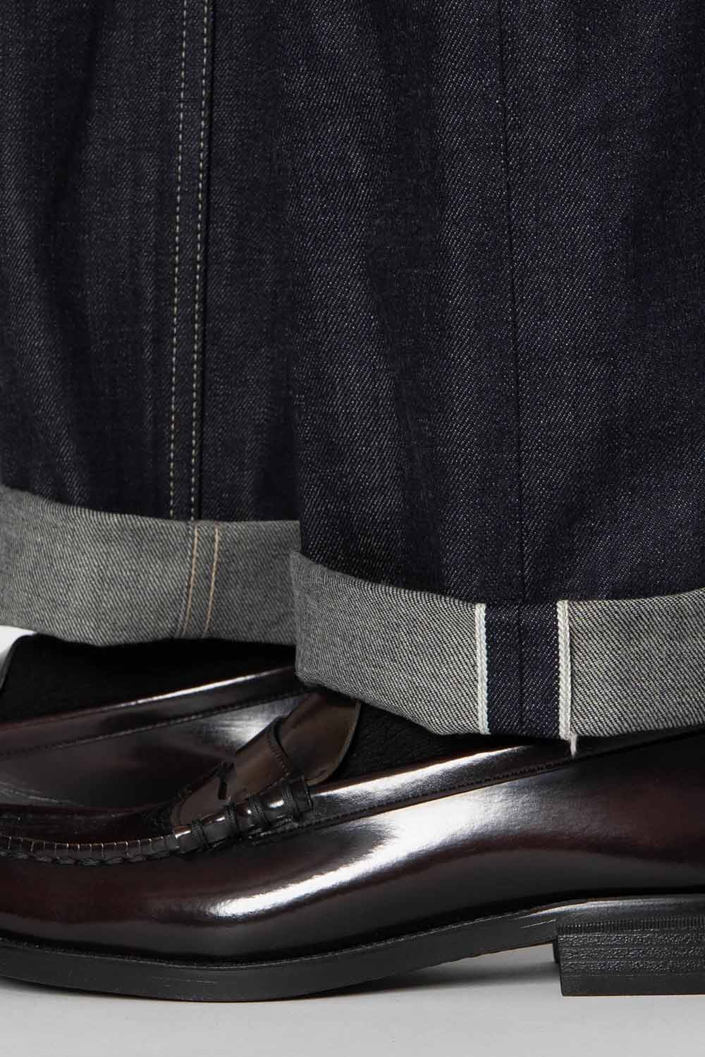 Naked & Famous' True Guy Denim in FoxFibre Green Weft - Hem View