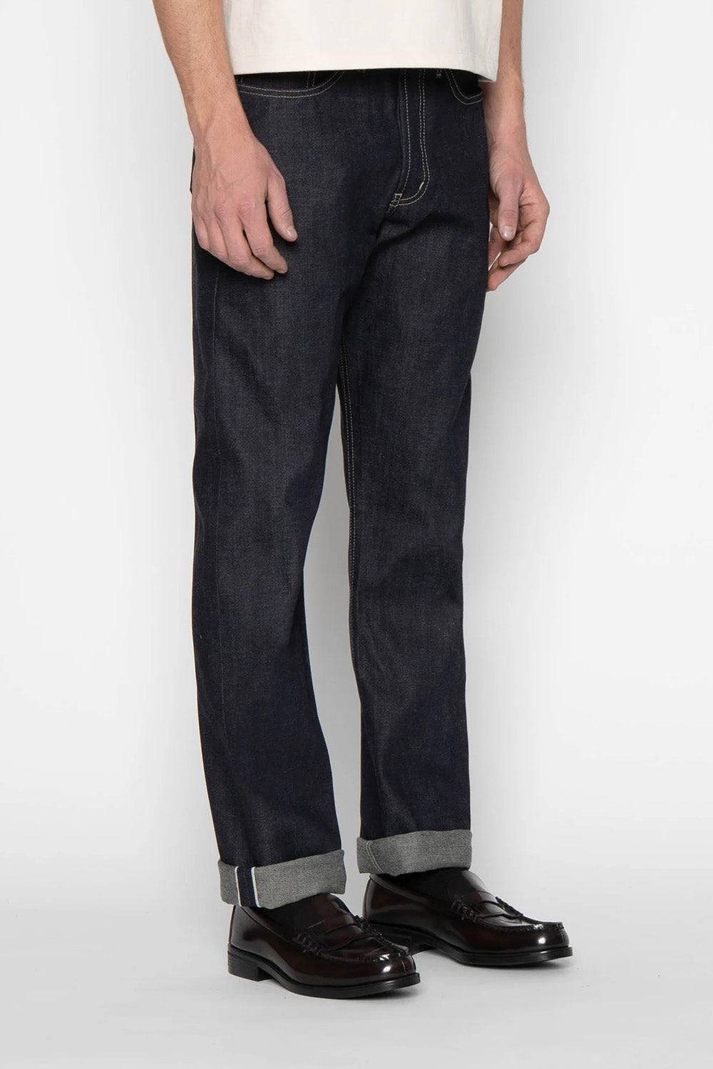Naked & Famous' True Guy Denim in FoxFibre Green Weft - Profile View