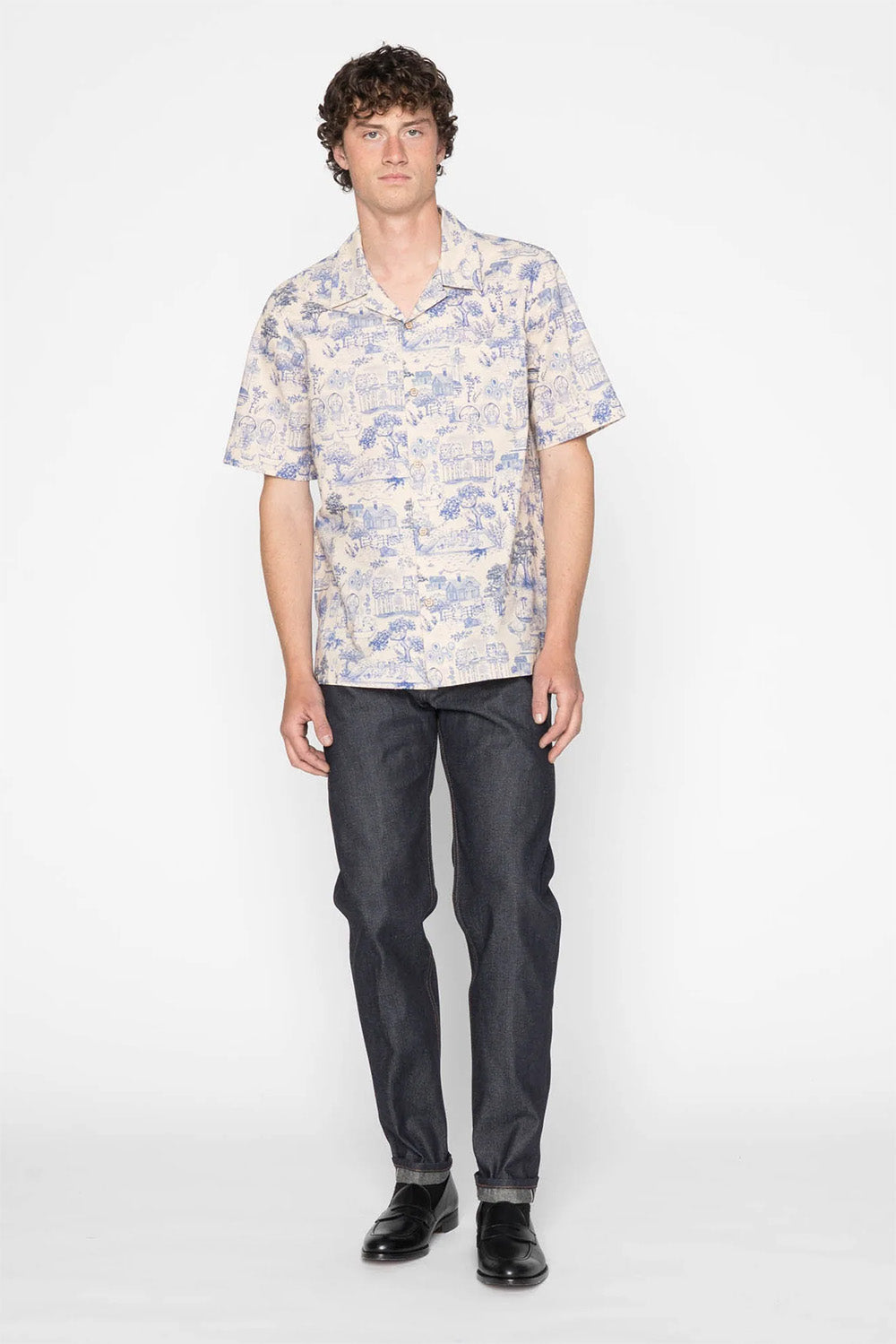 naked and famous aloha shirt linen cats blue