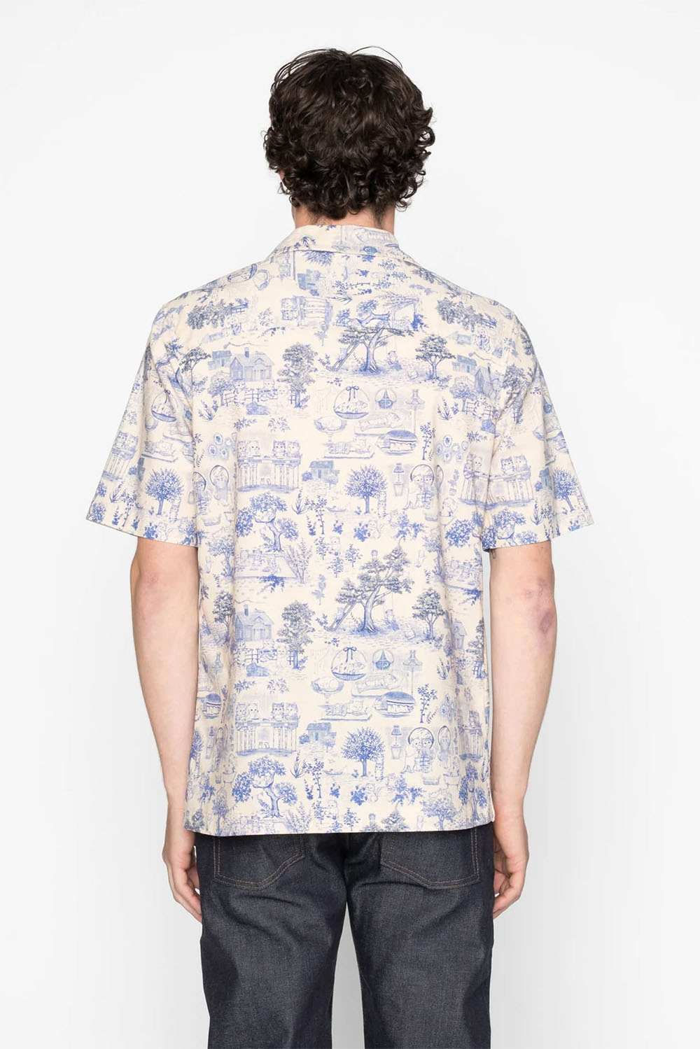 naked and famous aloha shirt linen cats blue back