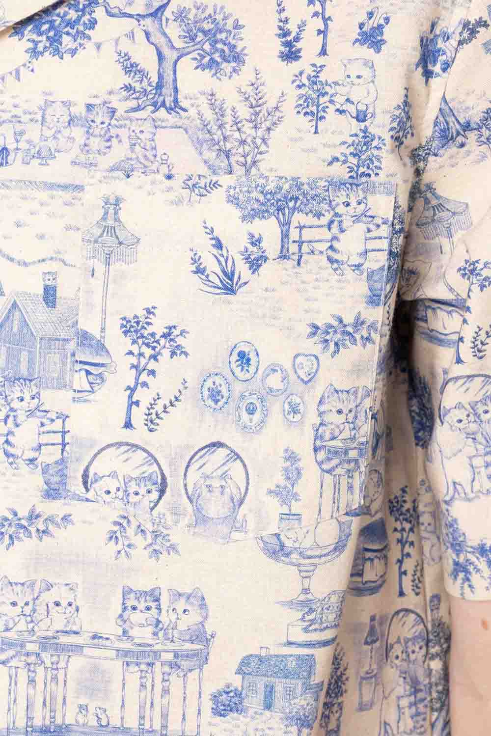 naked and famous aloha shirt linen cats blue detail