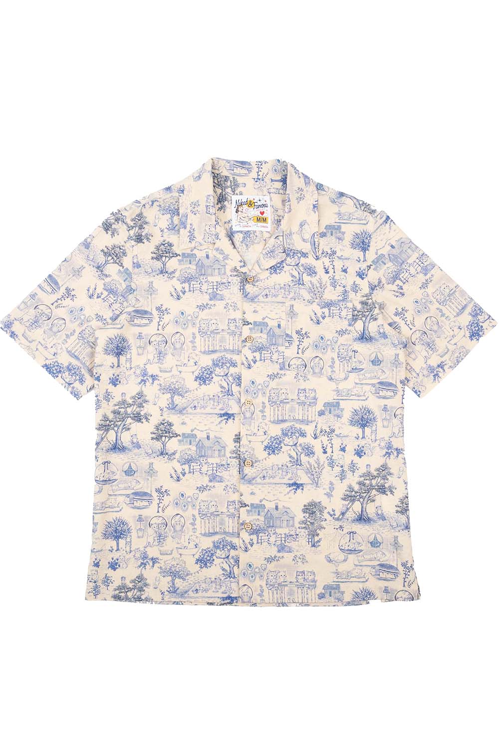 naked and famous aloha shirt linen cats blue flatlay