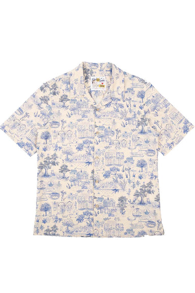 naked and famous aloha shirt linen cats blue flatlay