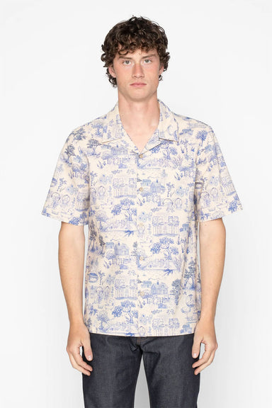 naked and famous aloha shirt linen cats blue front
