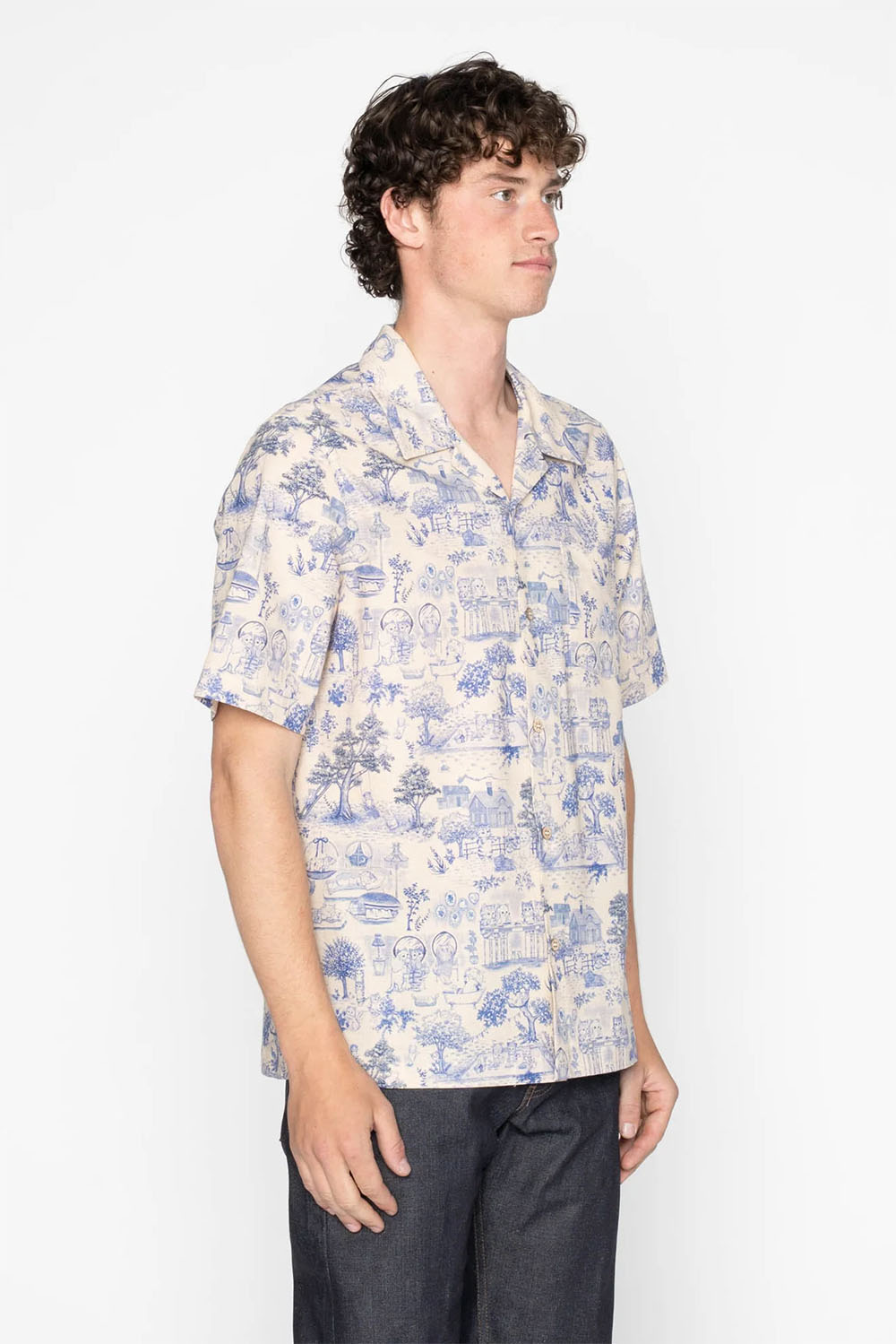 naked and famous aloha shirt linen cats blue side