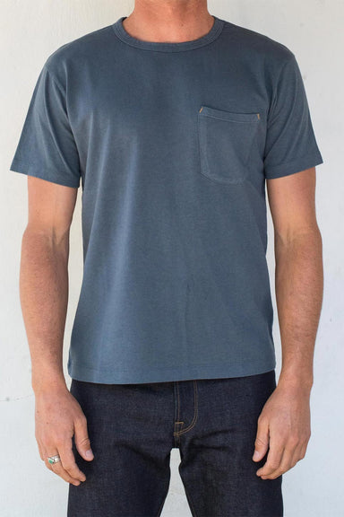 Freenote Cloth - 9oz Pocket T-Shirt - Faded Blue - Model