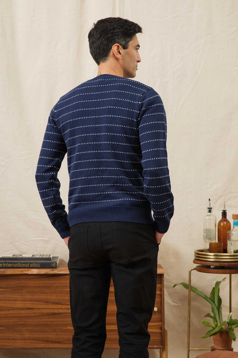 Bridge and Burn - Orson Sweater - Navy Dotted Path - Model Back