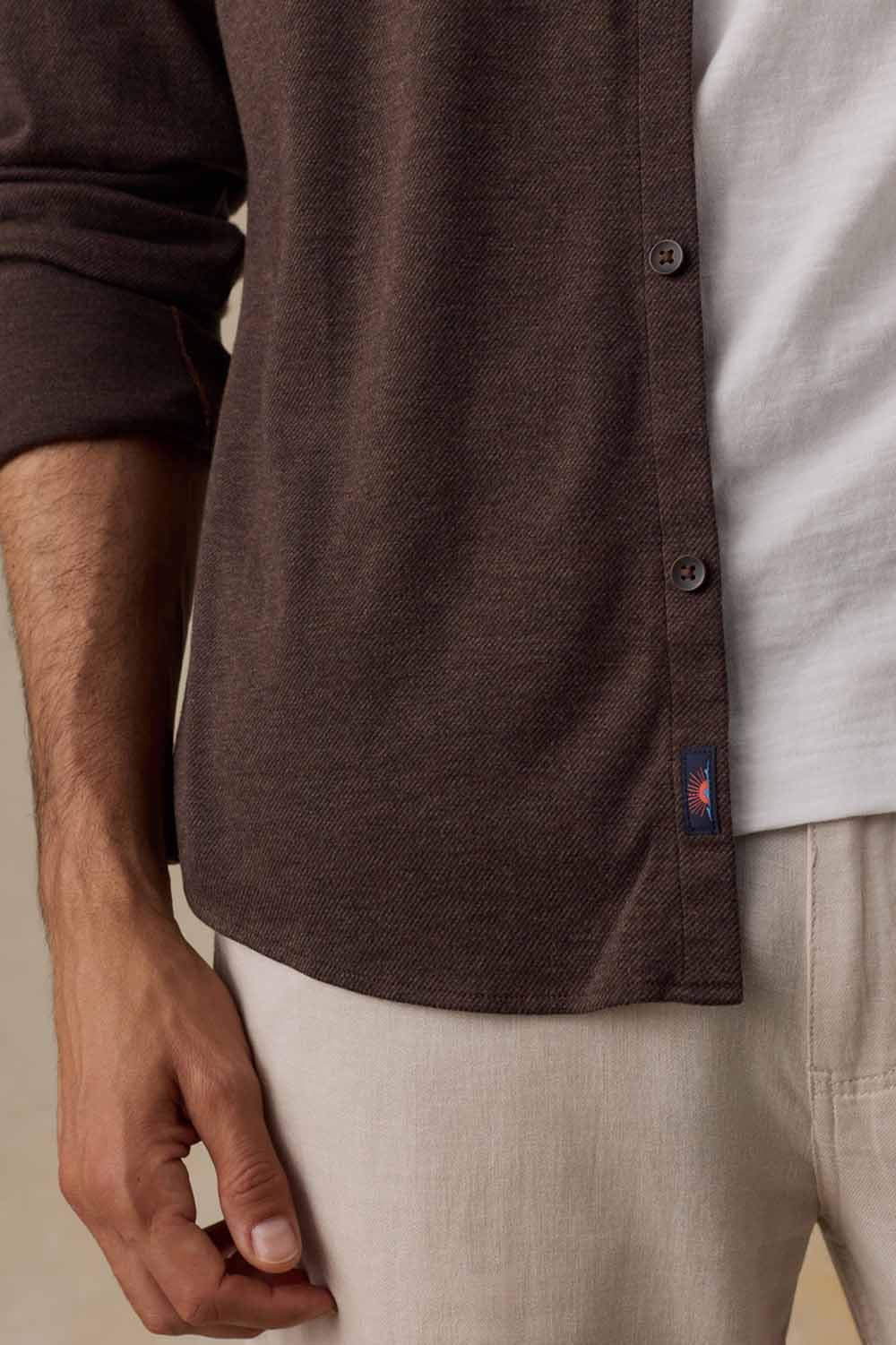 Faherty Coastline Knit Shirt in Brown Road Twill — Detail label view