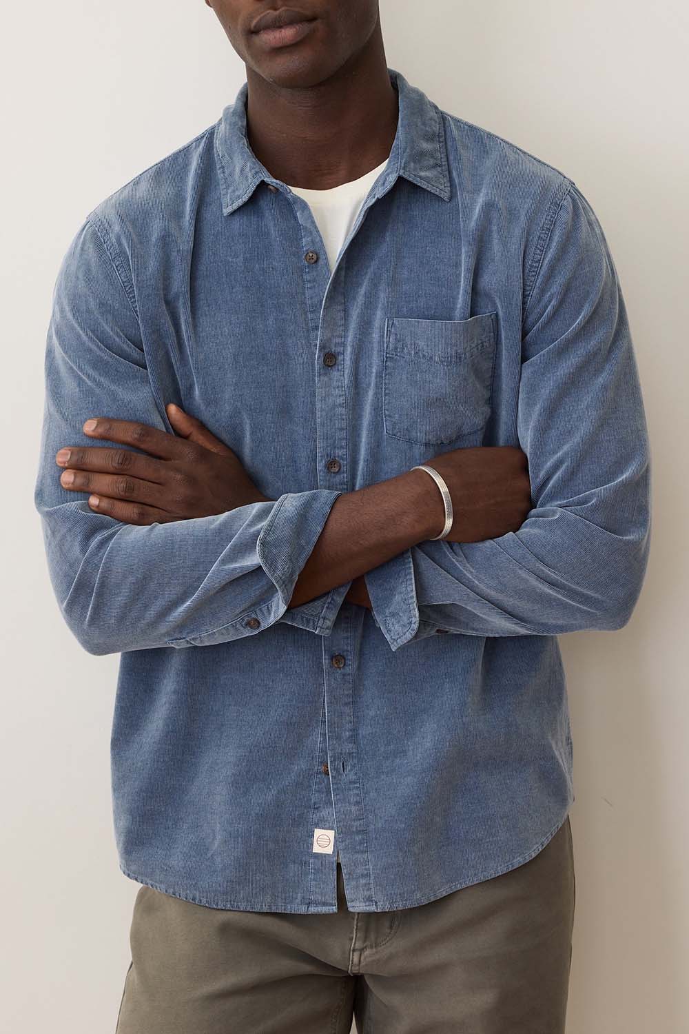 Marine Layer Lightweight Corduroy Shirt in Indigo — Detail sleeve view