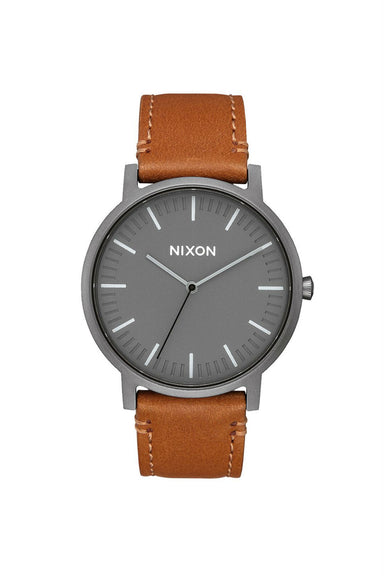 nixon porter leather watch gunmetal charcoal taupe front