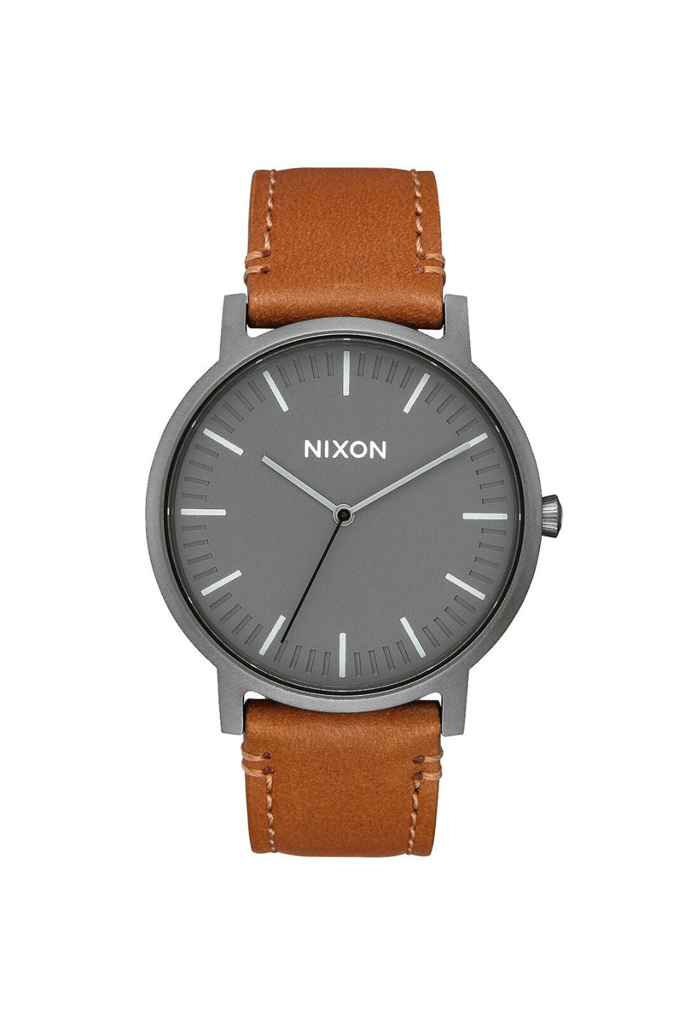 nixon porter leather watch gunmetal charcoal taupe front