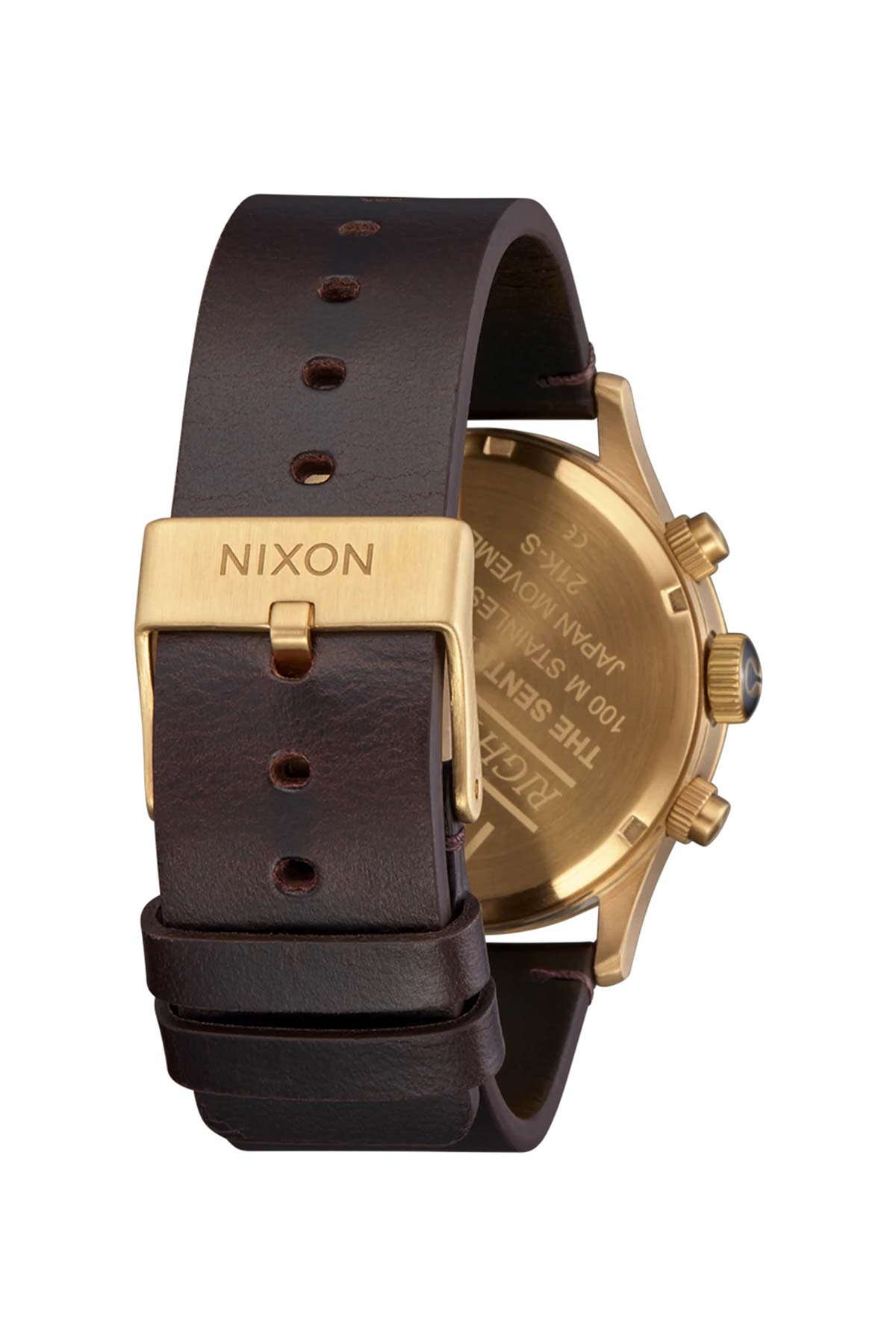 nixon sentry chrono leather gold indigo brown back