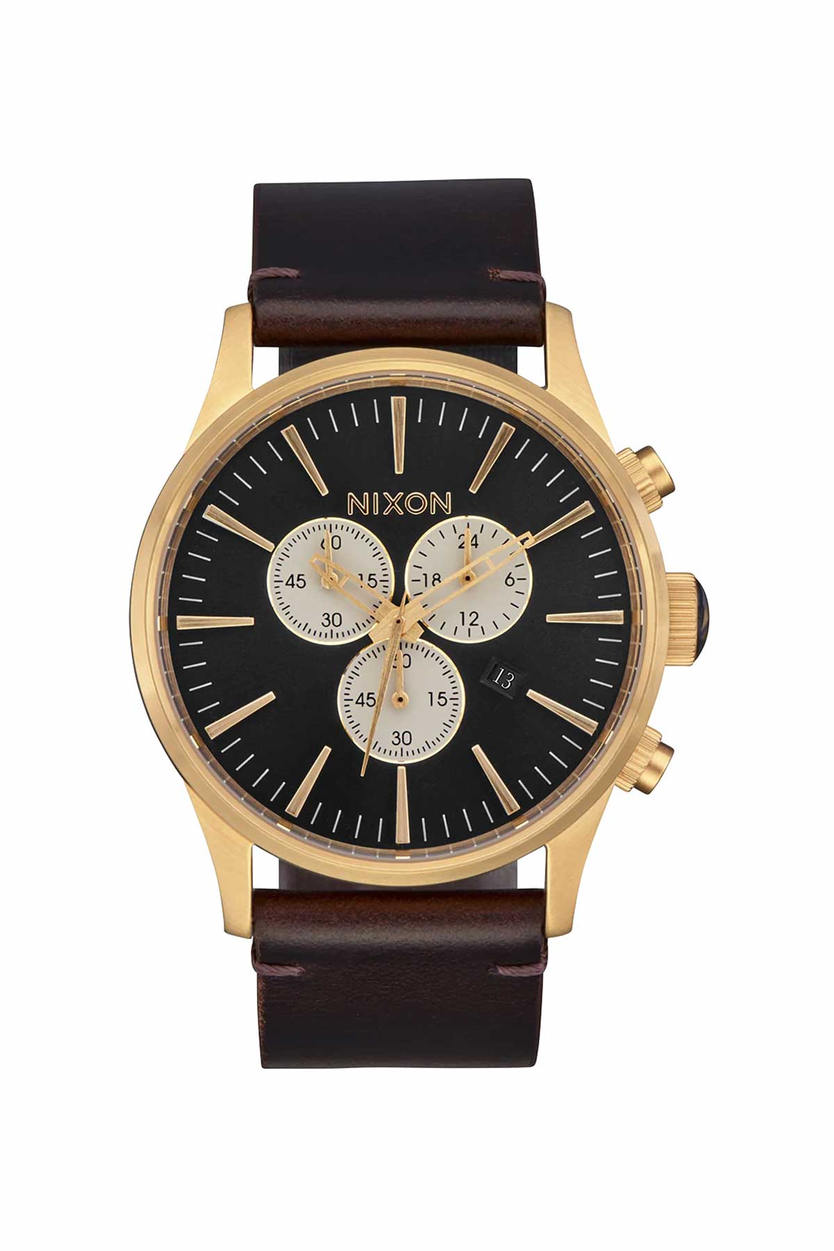 nixon sentry chrono leather gold indigo brown front