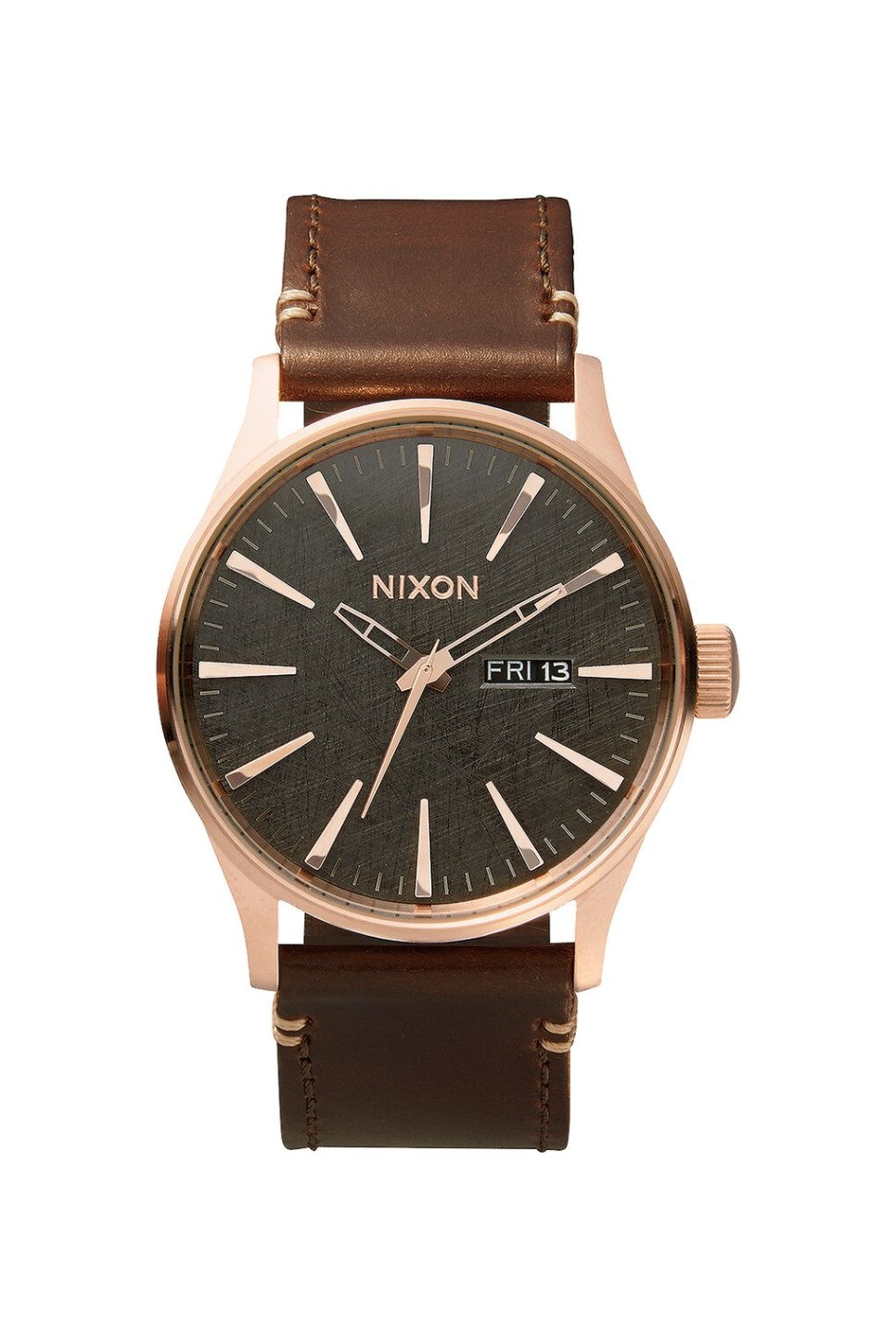 nixon sentry leather rose gold gunmetal front