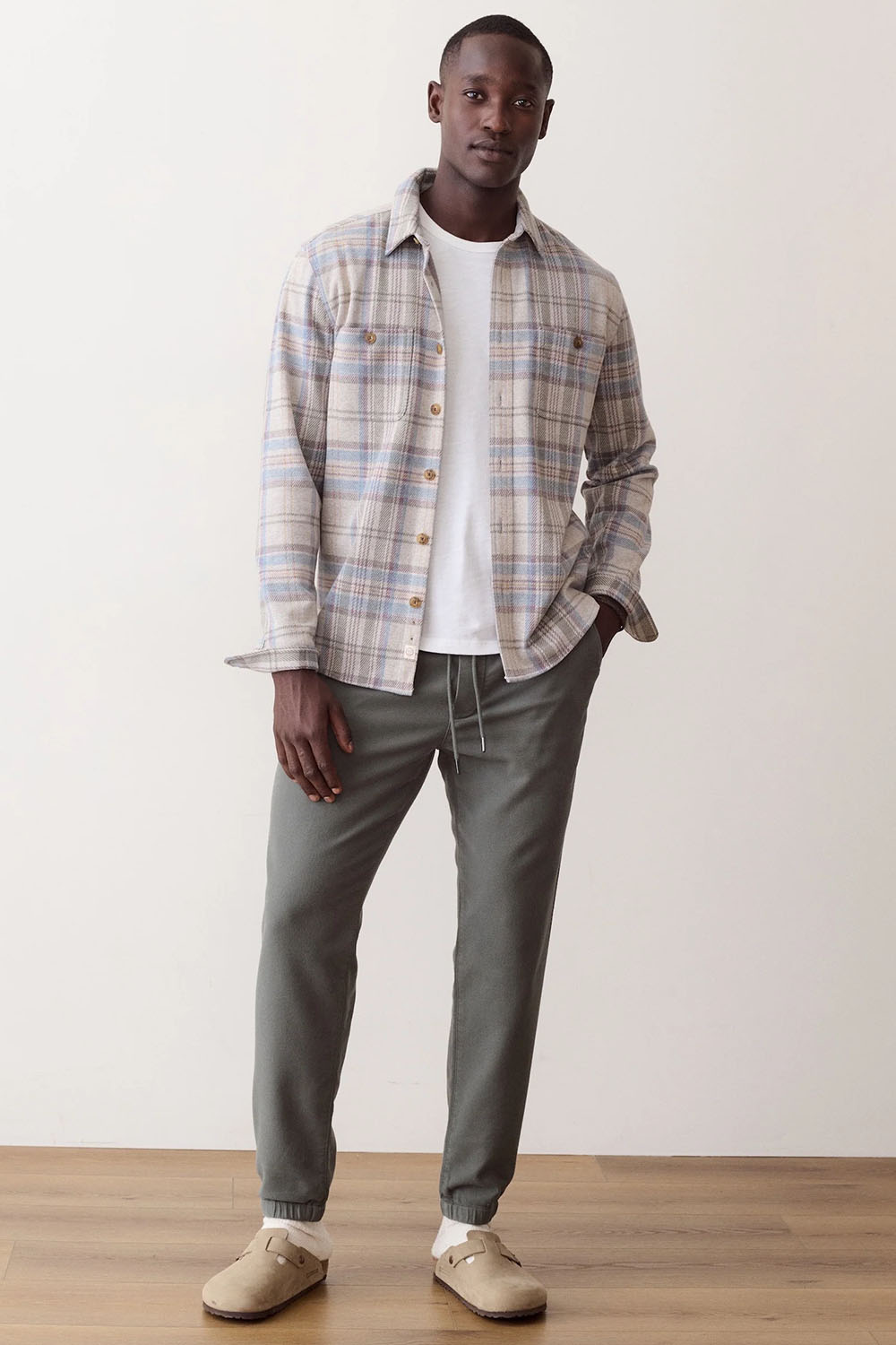 Marine Layer Pacifica Overshirt in Grey Plaid — Lifestyle view