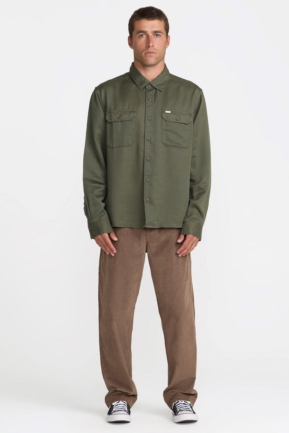 RVCA Vacancy Utility Shirt in Fatigue — Full-Body view