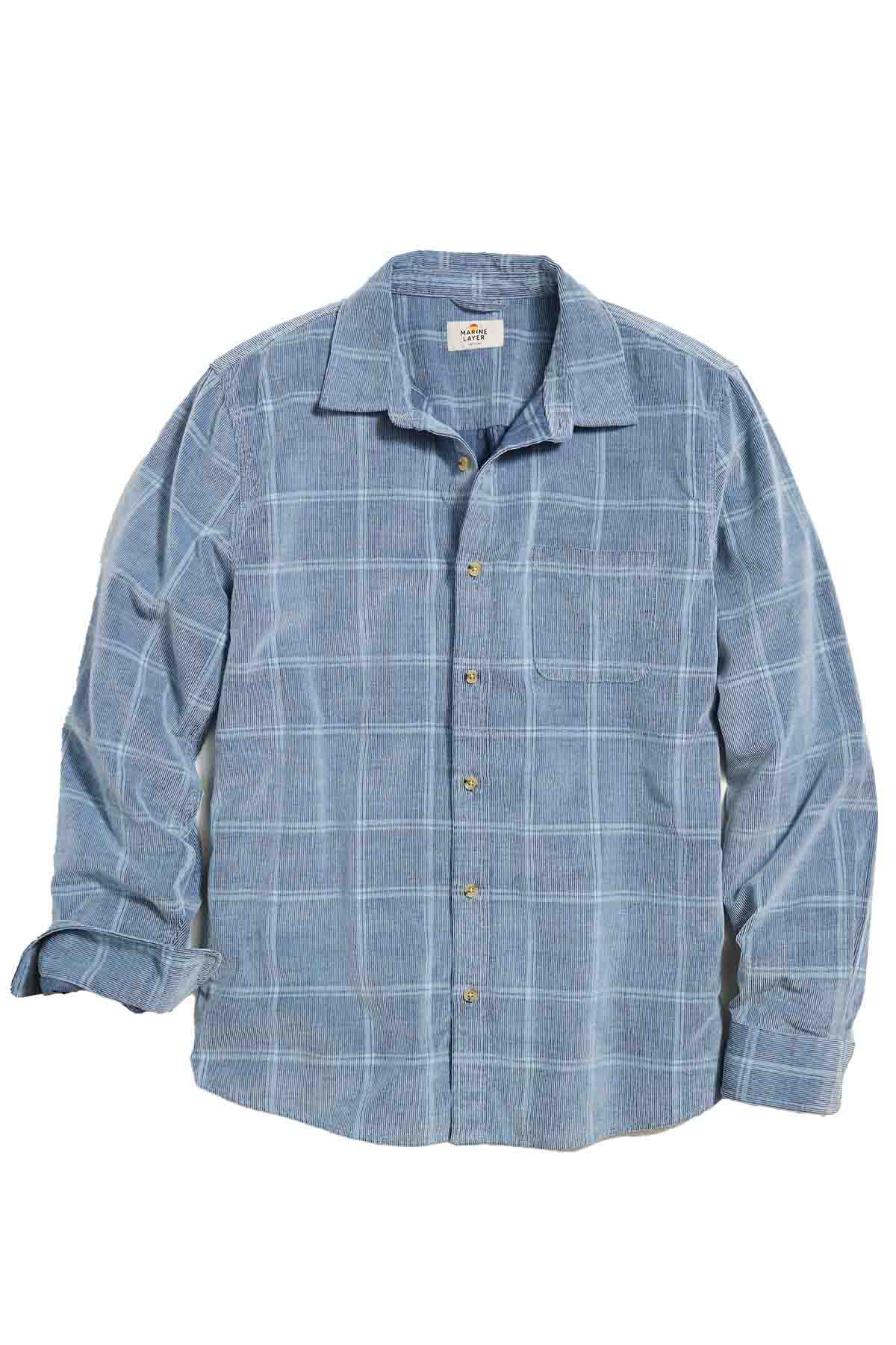 Marine Layer - LW Plaid Cord LS Shirt - Indigo Plaid - Flatlay