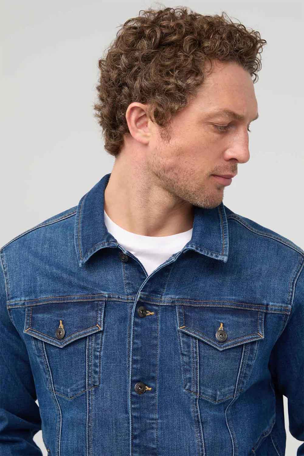 Duer Performance Denim Jacket in Alpine Indigo — Front Detail view